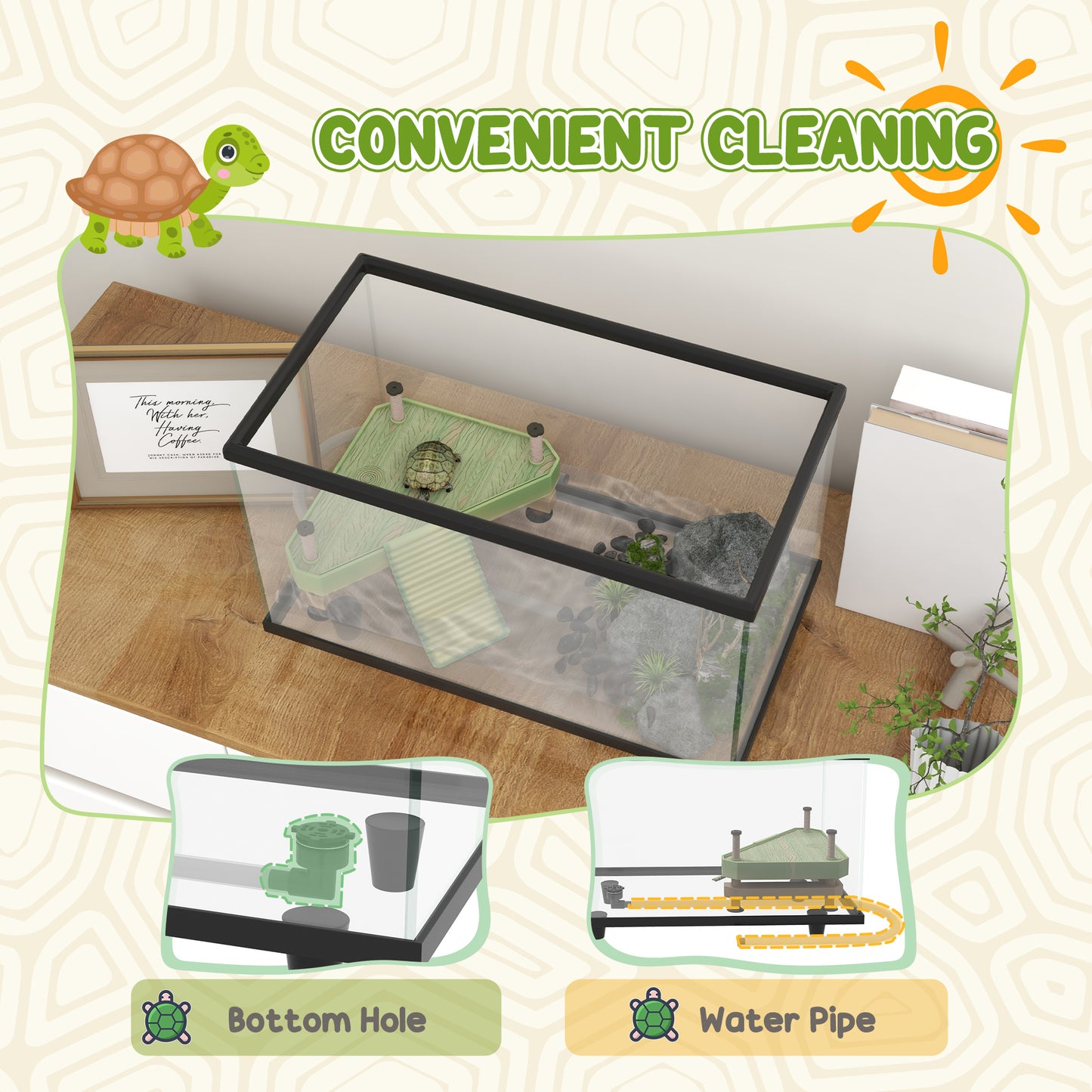 PawHut 28L Glass Turtle Tank Aquarium with Basking Platform, Easy-Drain, Strip Patch Thermometer