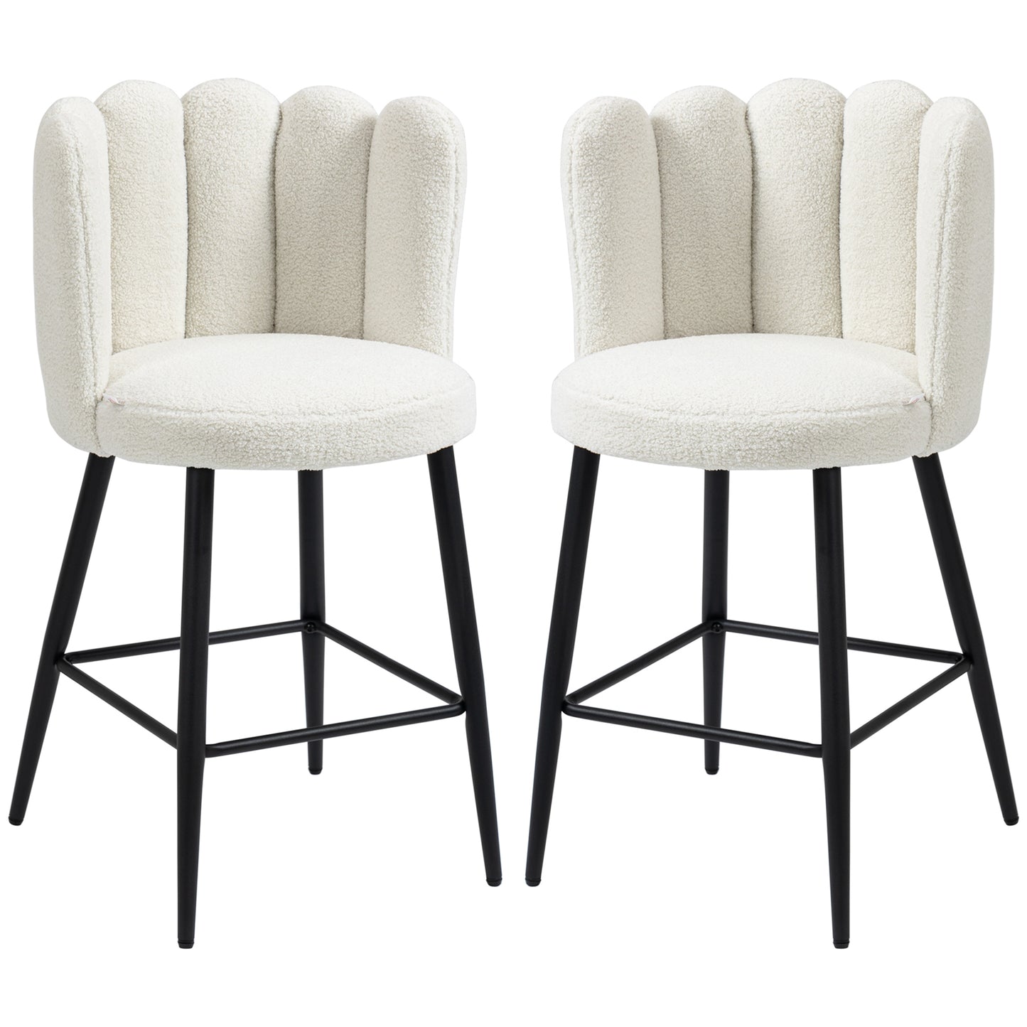 HOMCOM Bar Stools Set of 2, Faux Cashmere Upholstered Breakfast Bar Chairs, Modern Kitchen Stools with Backs, Footrest and Steel Base, Cream