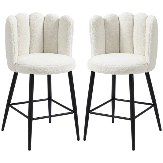 HOMCOM Bar Stools Set of 2, Faux Cashmere Upholstered Breakfast Bar Chairs, Modern Kitchen Stools with Backs, Footrest and Steel Base, Cream