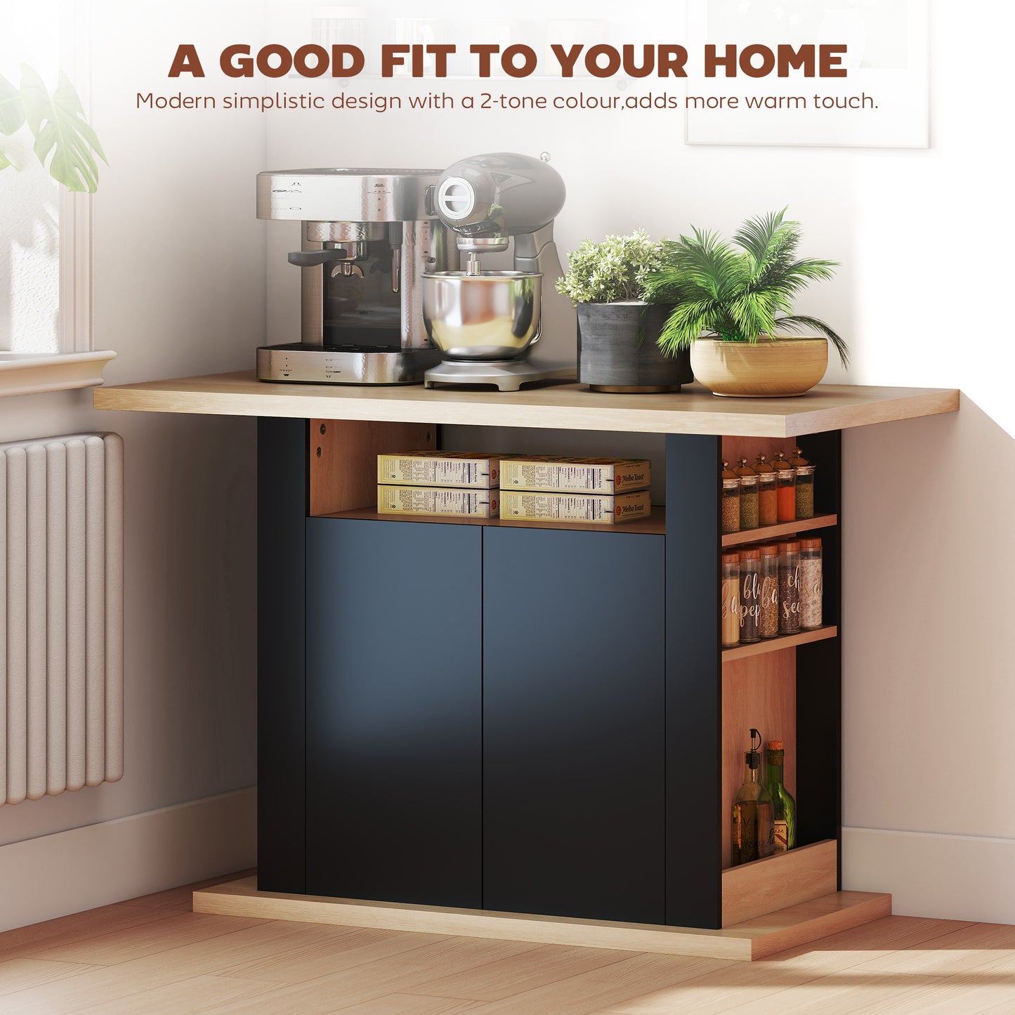 HOMCOM Kitchen Island with Spice Rack, Kitchen Storage with Large Tabletop for 4-6 People, Adjustable Shelves Black & Natural