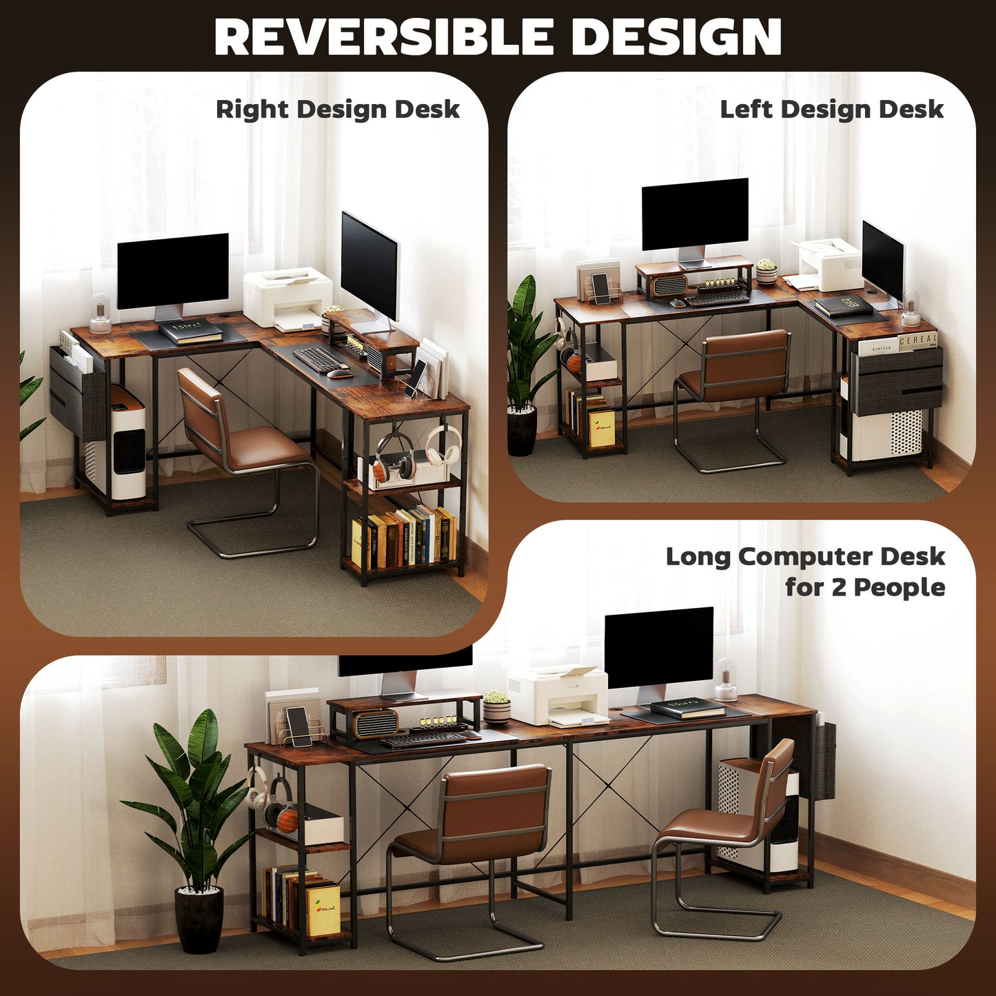 HOMCOM 168cm Reversible L-Shaped Desk, Corner Computer Desk with Shelf & Storage Bag, Rustic Brown