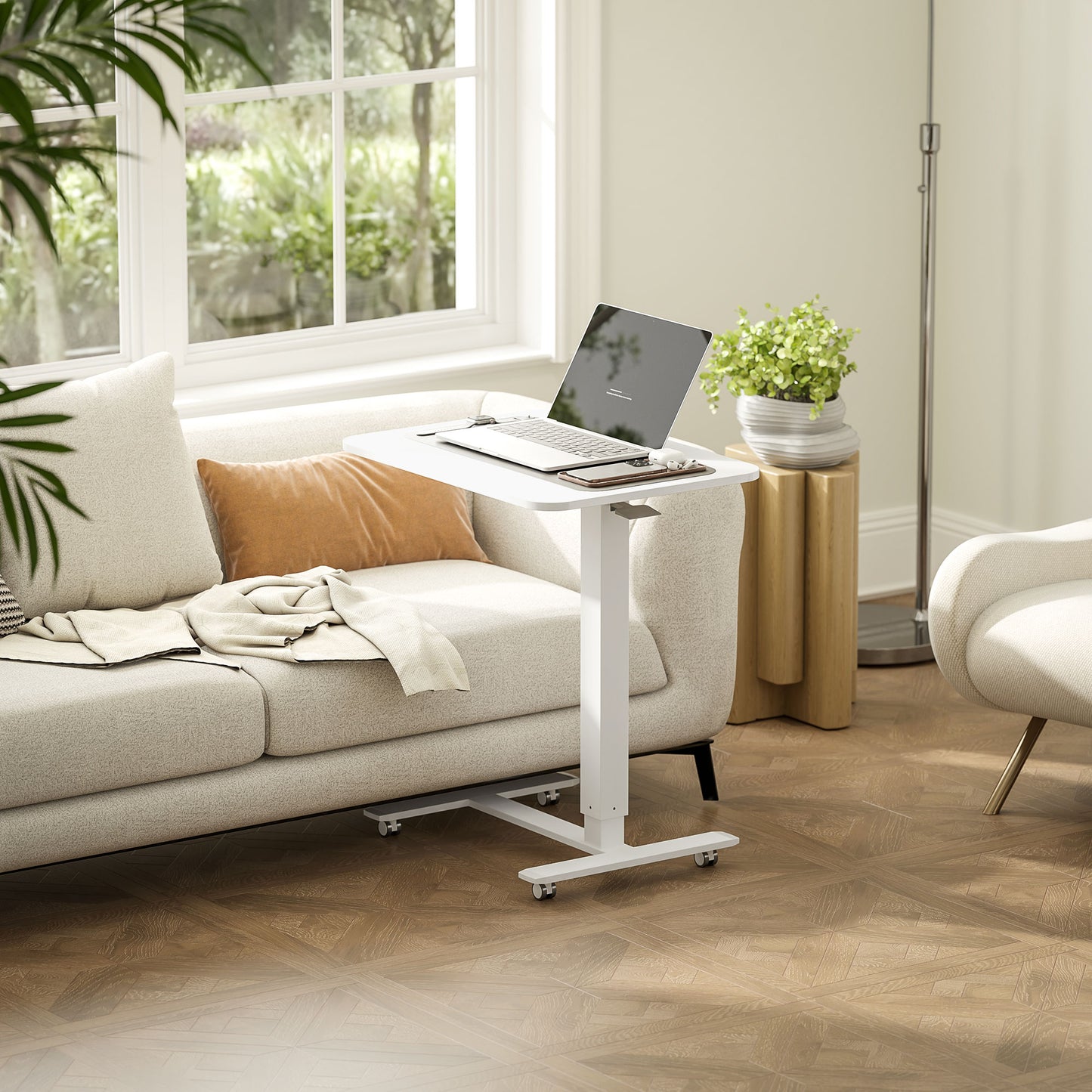 HOMCOM Height Adjustable Standing Desk, Pneumatic Sit Stand Desk for Laptop, Mobile Overbed Table with Wheels for Home Office, White