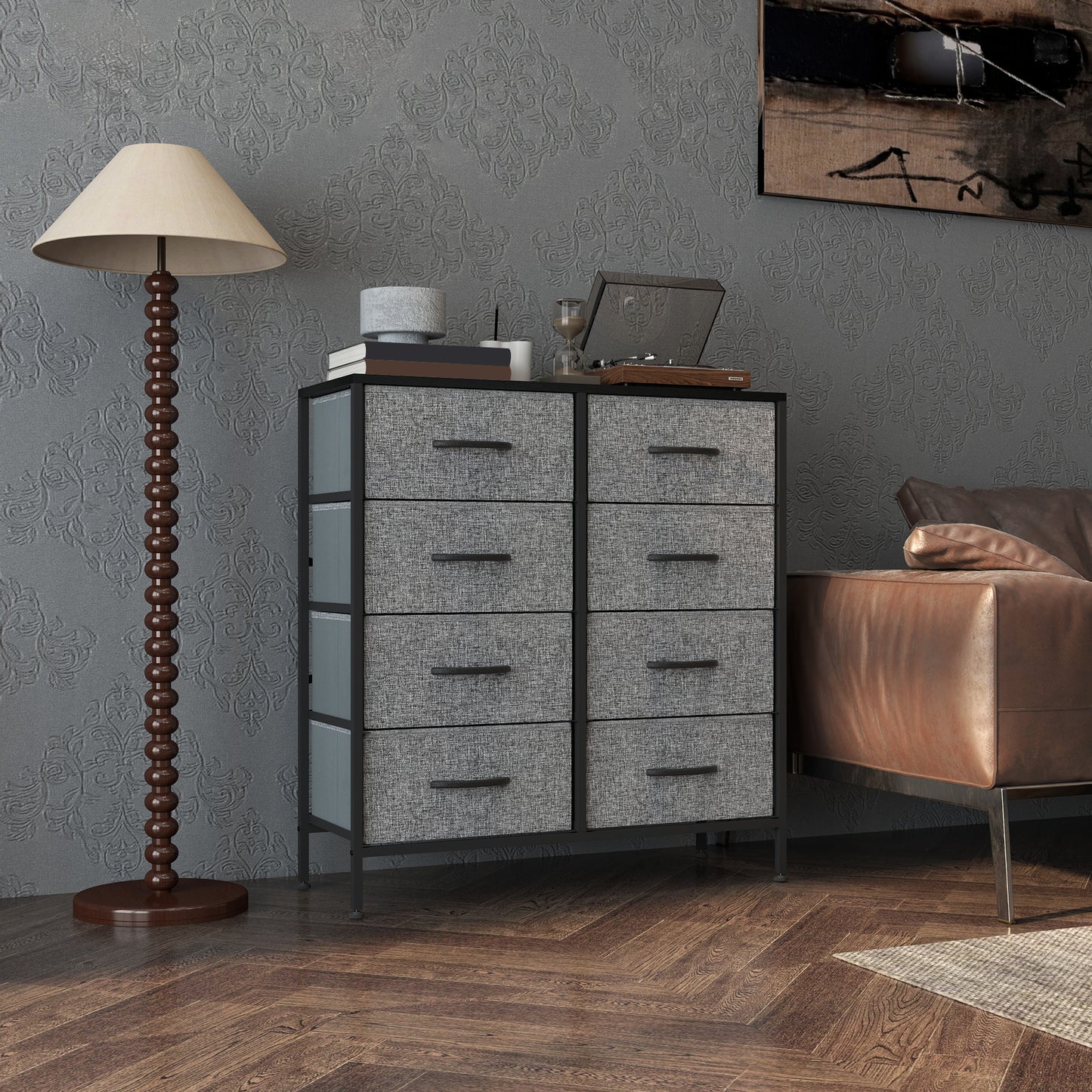 HOMCOM Fabric Chest of Drawers, Industrial Dresser with 8 Drawers, Steel Frame, Wooden Top for Nursery, Living Room, Hallway, Black