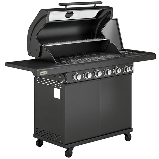Outsunny 6+1 Burner Gas BBQ Grill, Outdoor Barbecue Trolley with Wheels, Warming Rack, Thermometer, Bottle Opener, Black