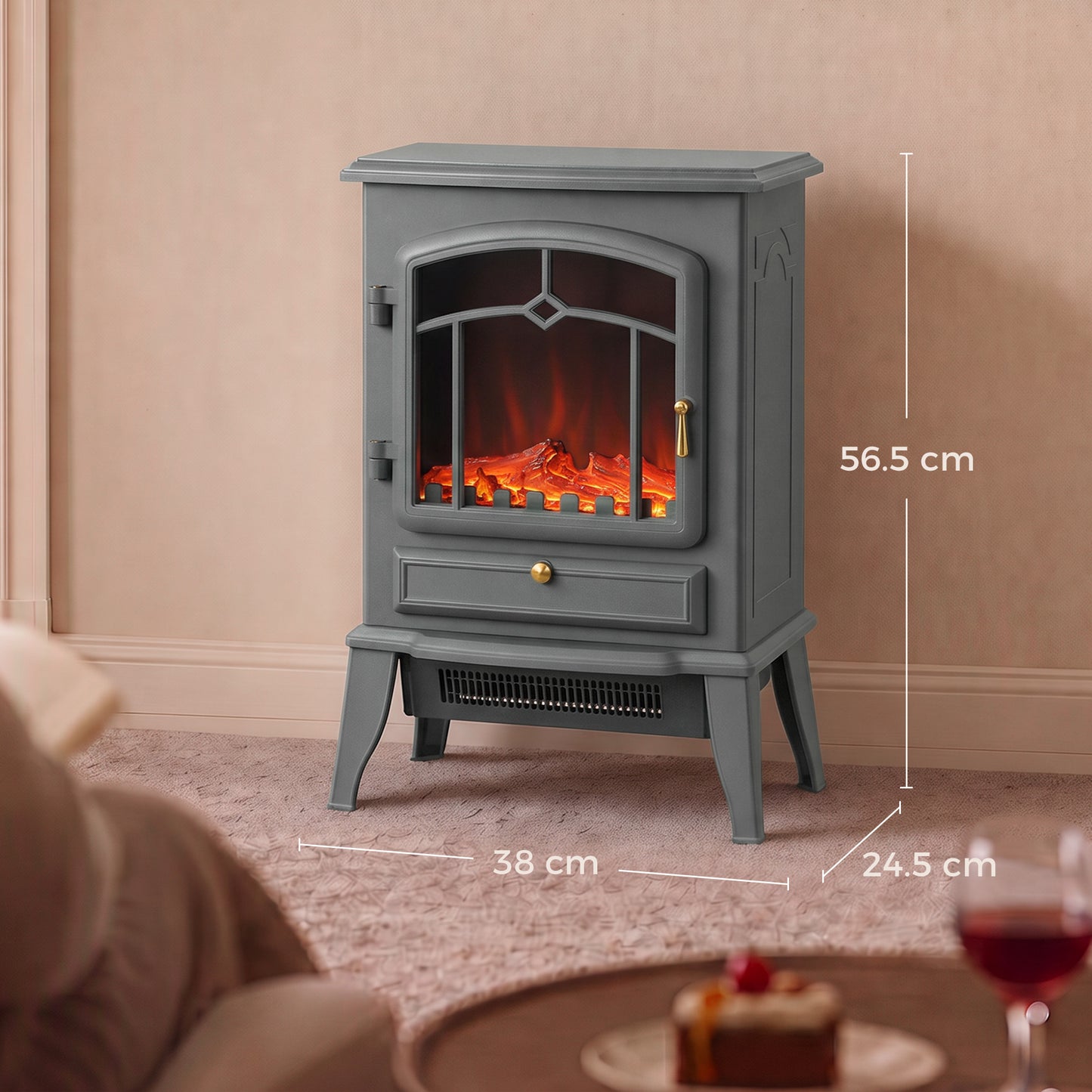 HOMCOM Electric Fireplace Stove, 1000W/2000W, Electric Fire Heater with LED Flame Effect, Adjustable Thermostat, Grey