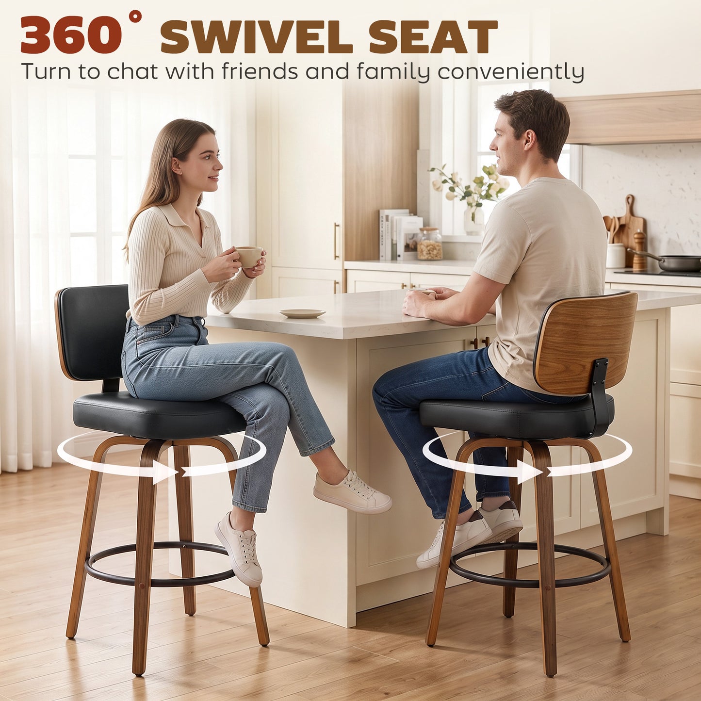 HOMCOM Bar Stools 360° Swivel Breakfast Bar Stools Padded PU Seat Footrest Set of 2 Black