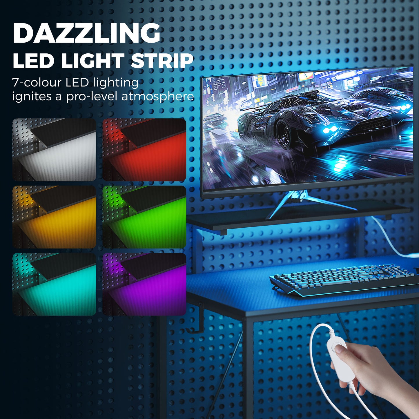 HOMCOM 114.5 cm L-Shaped Gaming Desk, Computer Desk with LED Lights, Power Station and Adjustable Mesh Shelf , Black
