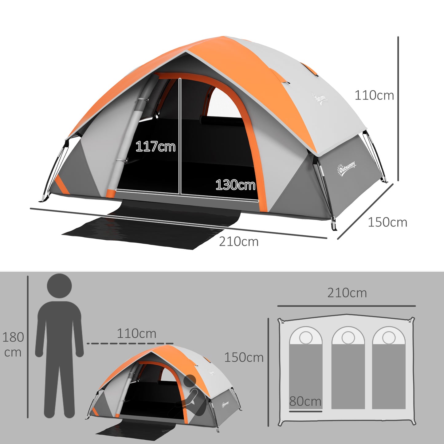 Outsunny Three Man Single Room Dome Tent, with Accessories - Orange/Grey