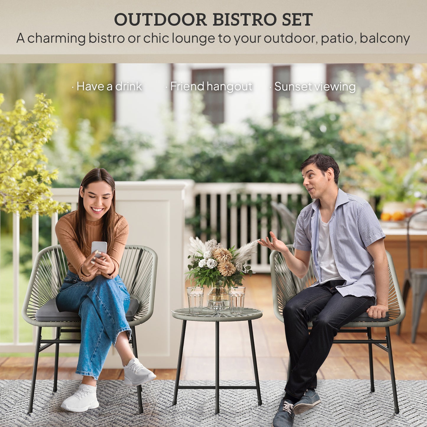 Outsunny 3-Piece Rattan Bistro Set, Garden Table & Chairs with Cushions, Glass Top, Light Grey