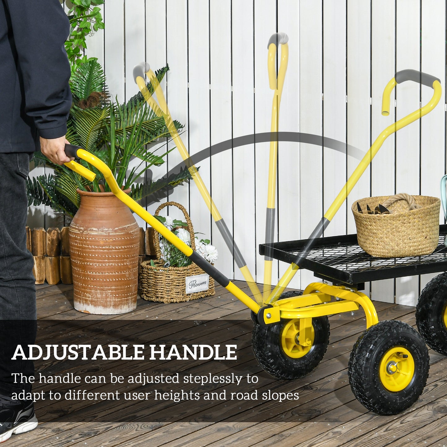 Outsunny Garden Trolley Cart, Heavy Duty Metal Frame with 10" Pneumatic Wheels, Rotating Handle, 150kg Capacity, for Garden/Farm, Yellow