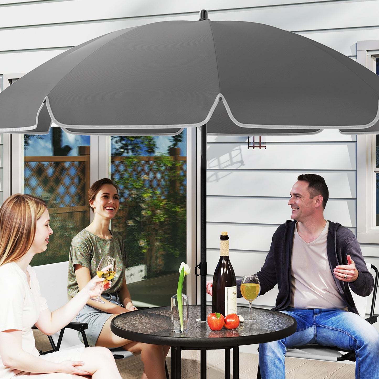 Outsunny 4 Seater Garden Furniture Set, 6 Pieces with Parasol, Folding Chairs & Glass Table, Cream White