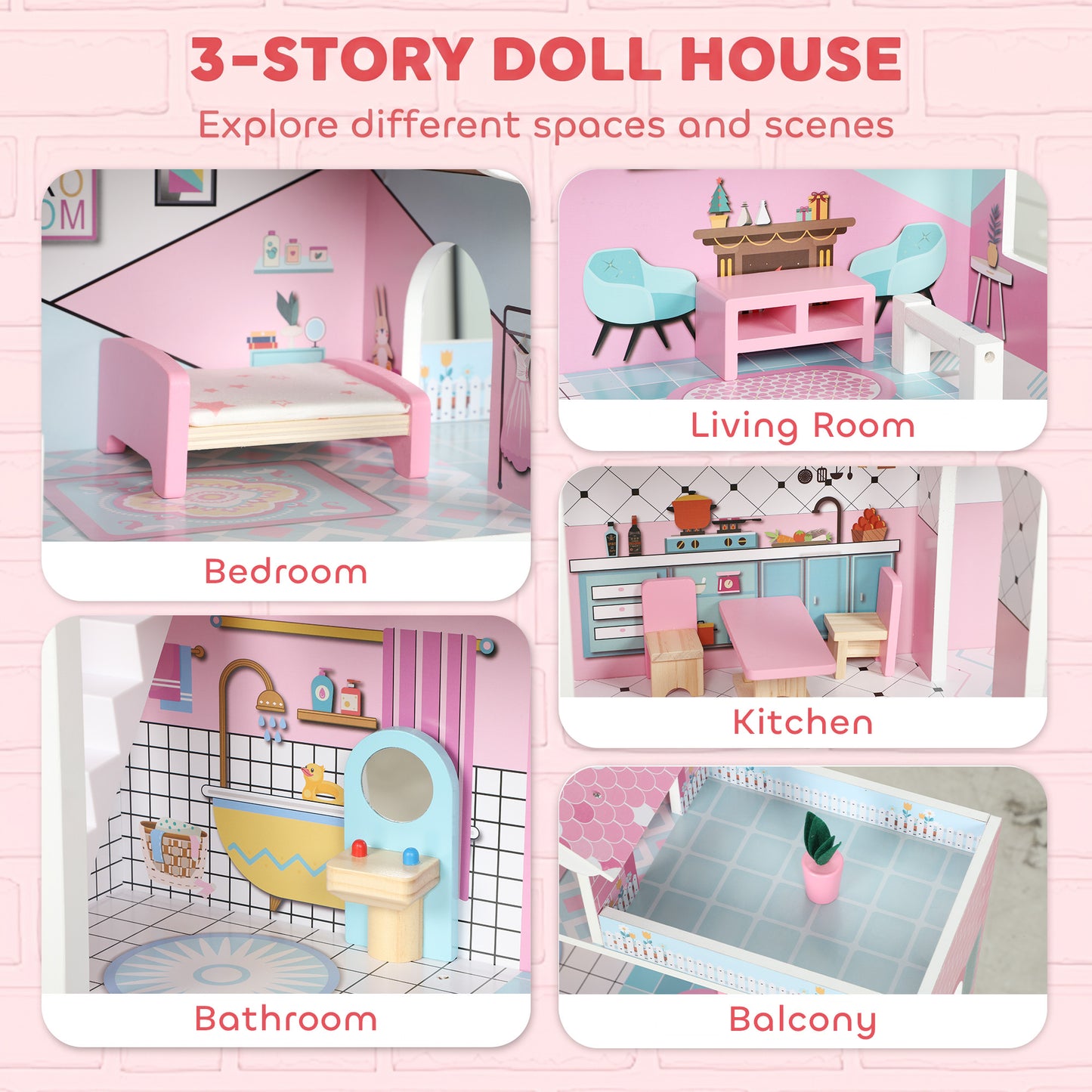 AIYAPLAY Wooden Dolls House, Large 3-Storey Modern Dollhouse with 10 Accessories, Pretend Play Toy Gift for Ages 3-6 Years, Pink