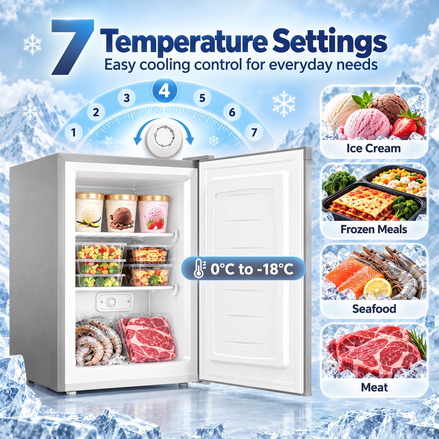 HOMCOM 85L Mini Freezer Countertop, Compact Freestanding Upright Freezer with Reversible Door, Removable Glass Shelves, Grey