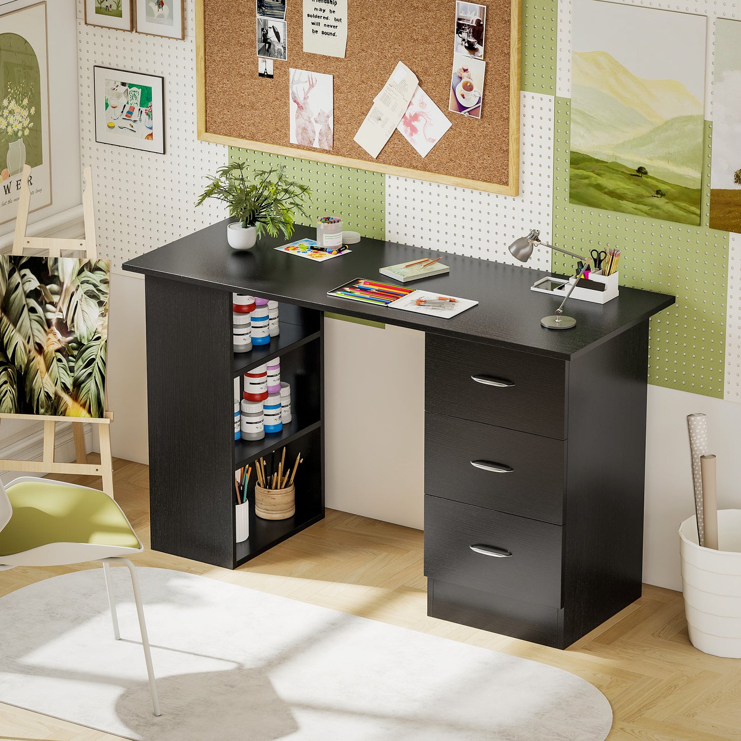 HOMCOM Computer Desk with Shelves & Drawers Black