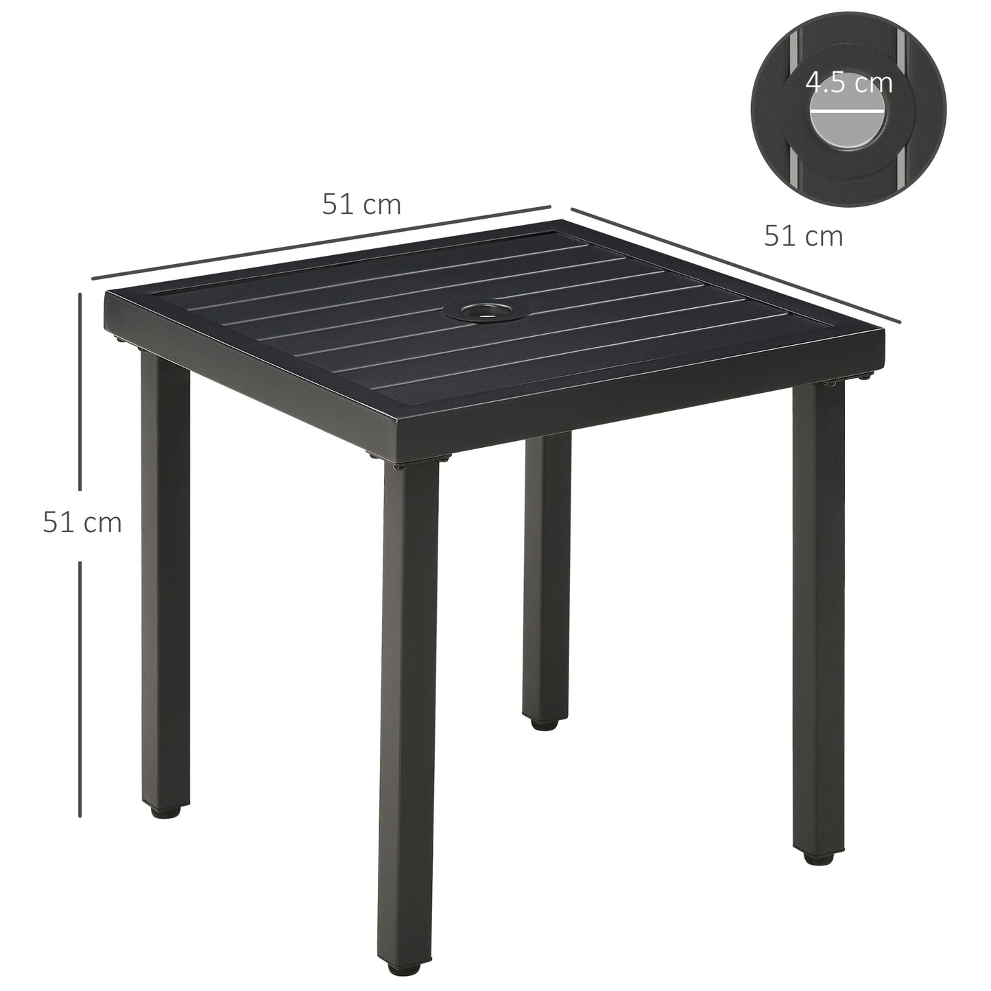 Outsunny Garden Side Table End Table Patio Coffee Table with Umbrella Hole Steel Frame for Balcony Black