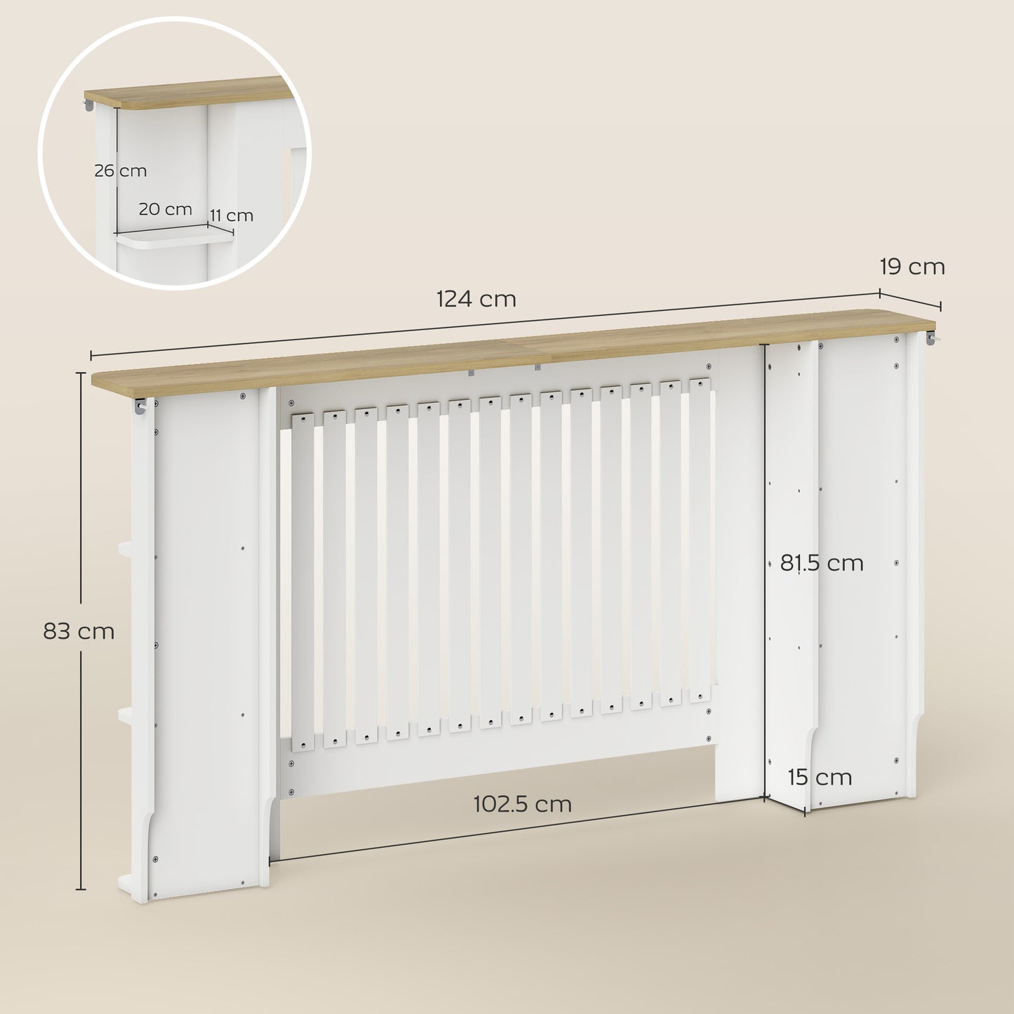 HOMCOM Radiator Cover with Storage Shelves, Vertical Slatted Design, Large, Living Room/ Hallway Cabinet, White (H: 83 / W: 152 / D: 19 cm)