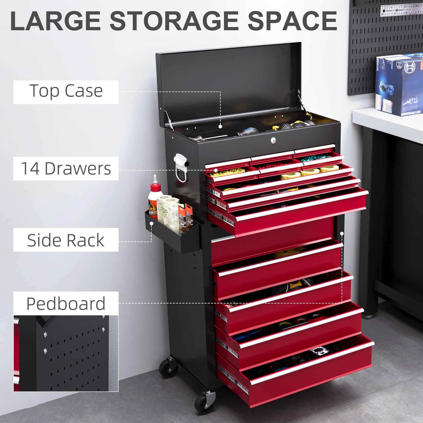 HOMCOM Rolling Tool Cabinet on Wheels with 14 Drawers, Pegboard and Side Rack, Lockable Top Tool Chest and Roller Cabinet Combo for Workshop and Home, Red