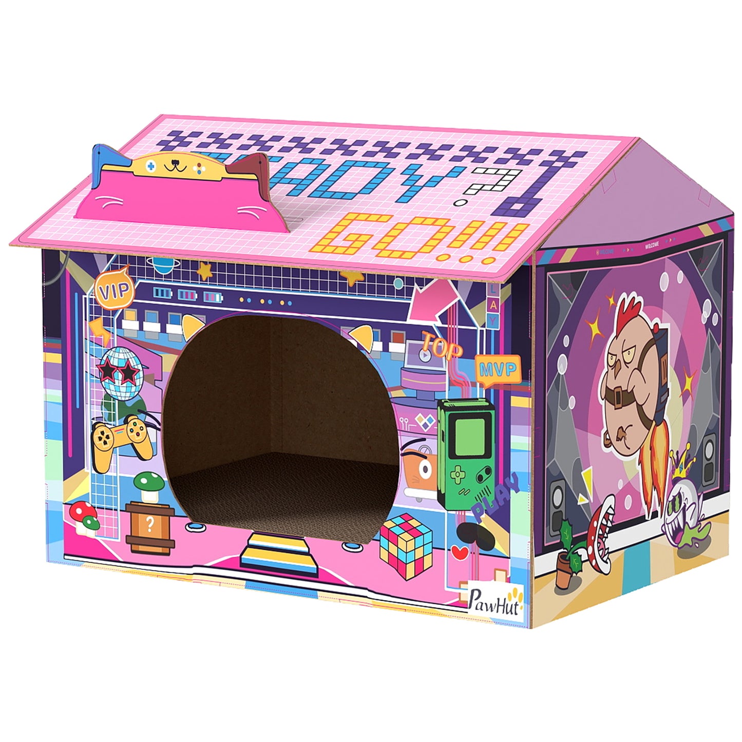 PawHut 2 in 1 Gaming Style Cardboard Cat House with Scratching Board & Catnip for Indoor Cats, Pink