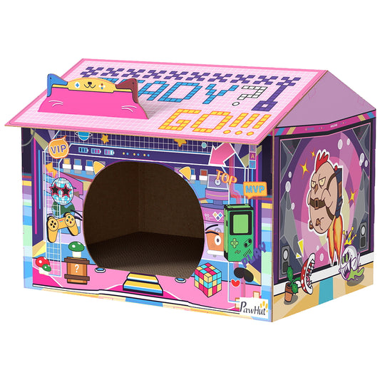 PawHut 2 in 1 Gaming Style Cardboard Cat House with Scratching Board & Catnip for Indoor Cats, Pink