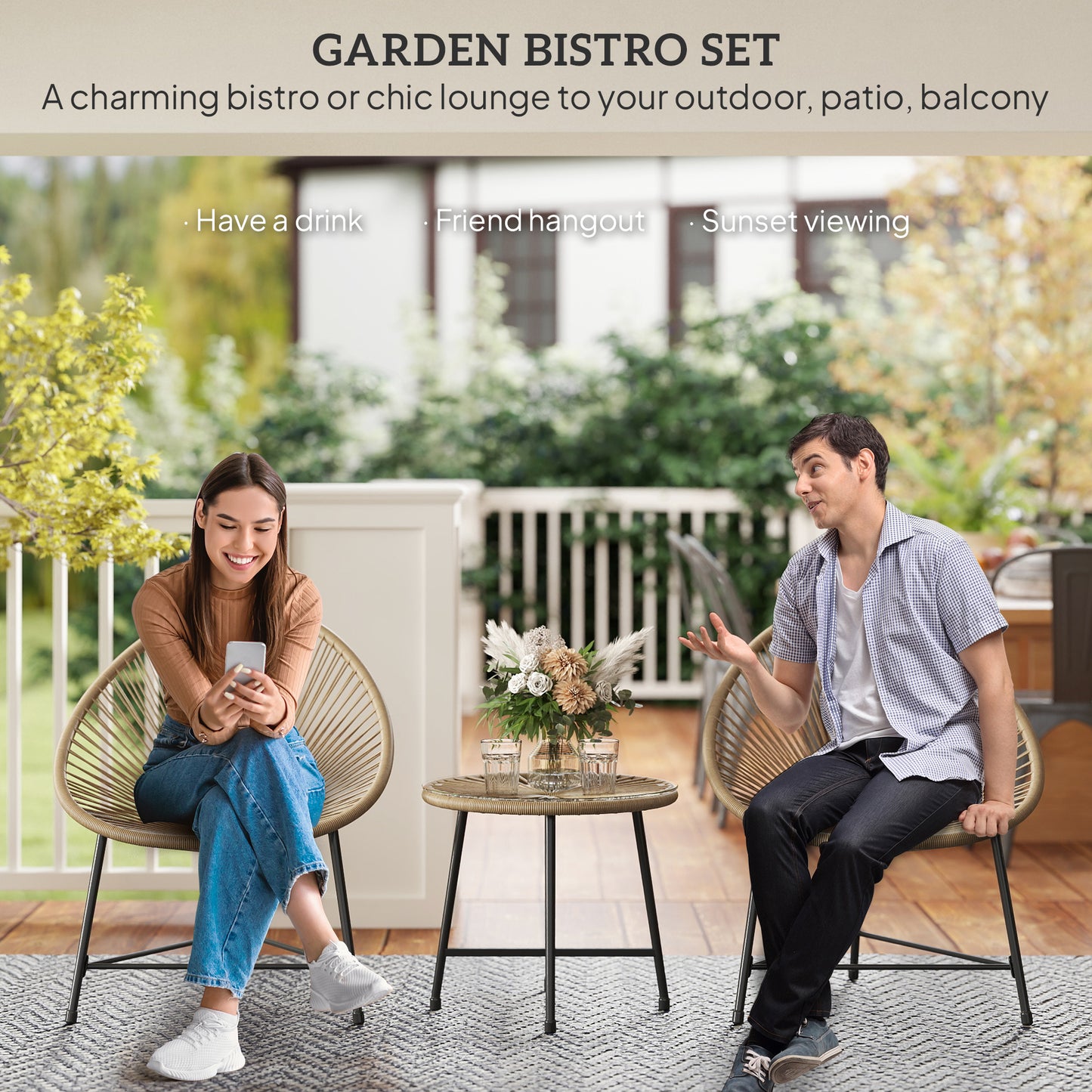 Outsunny 3-Piece Rattan Bistro Set, Reinforced Metal Frame, Acapulco Chairs & Glass Table for Patio, Balcony, Outdoor Garden Furniture, Natural