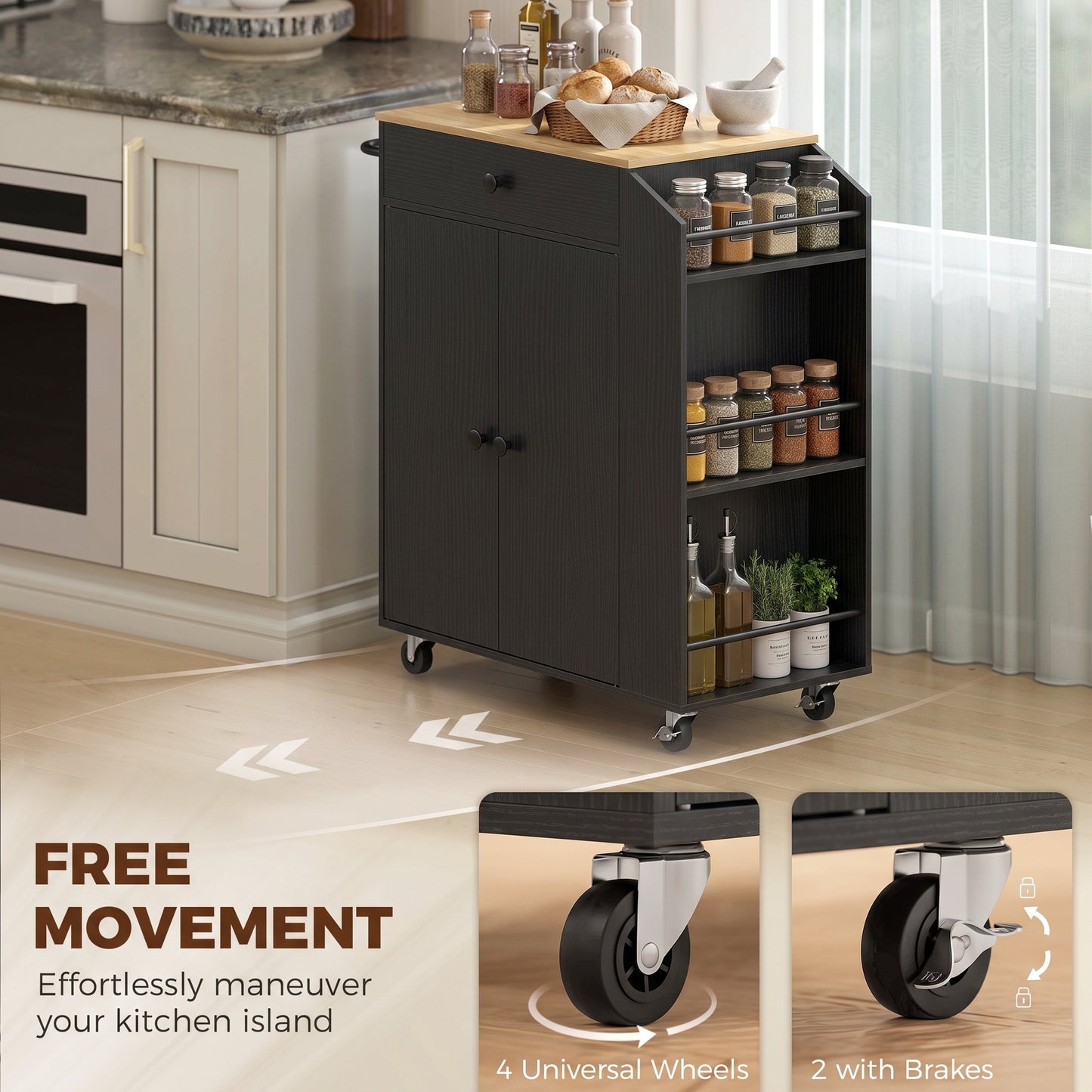HOMCOM Rolling Kitchen Island with 3-Tier Spice Rack, Kitchen Storage Cart with Drawer and Towel Rack, Black