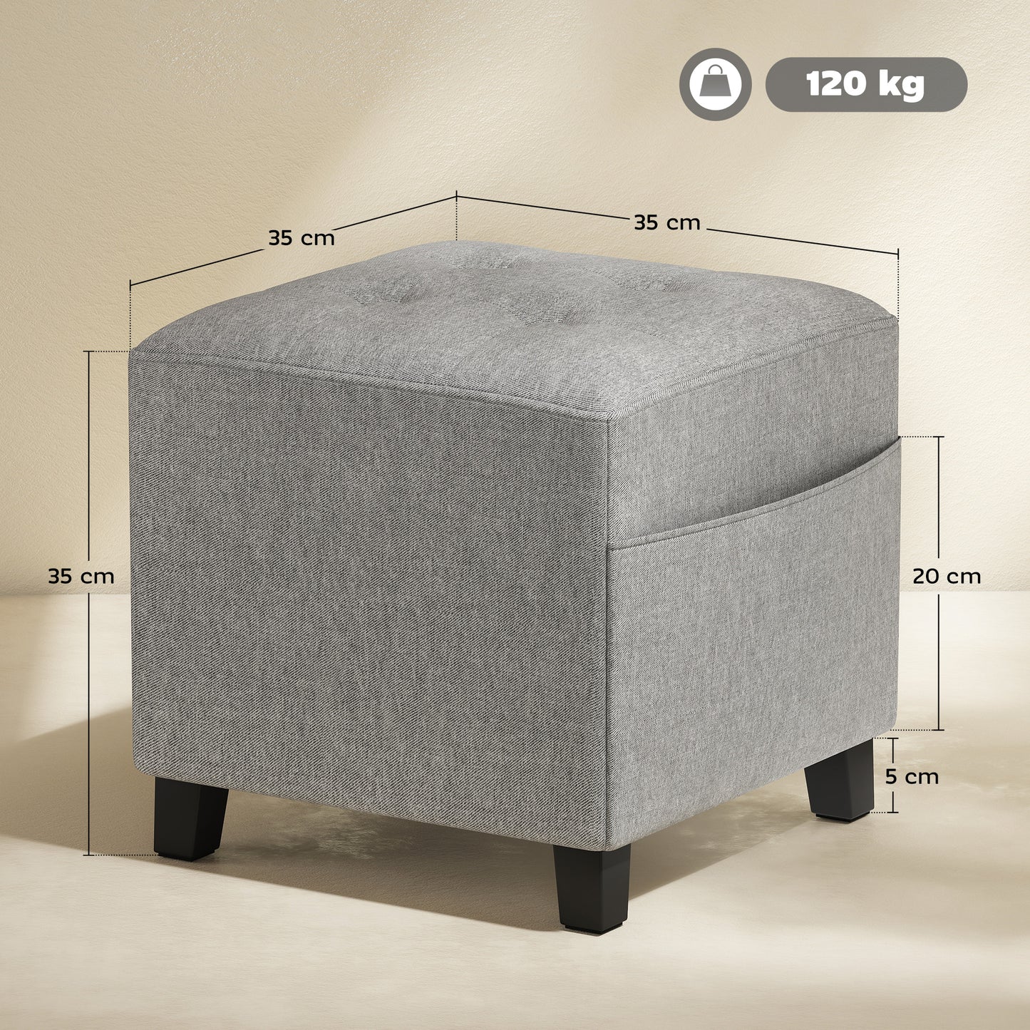 HOMCOM Square Footstool, Small Ottoman with Side Pocket, Linen Fabric, Rubber Wood Legs, Padded Seat, 35x35x35cm, Light Grey