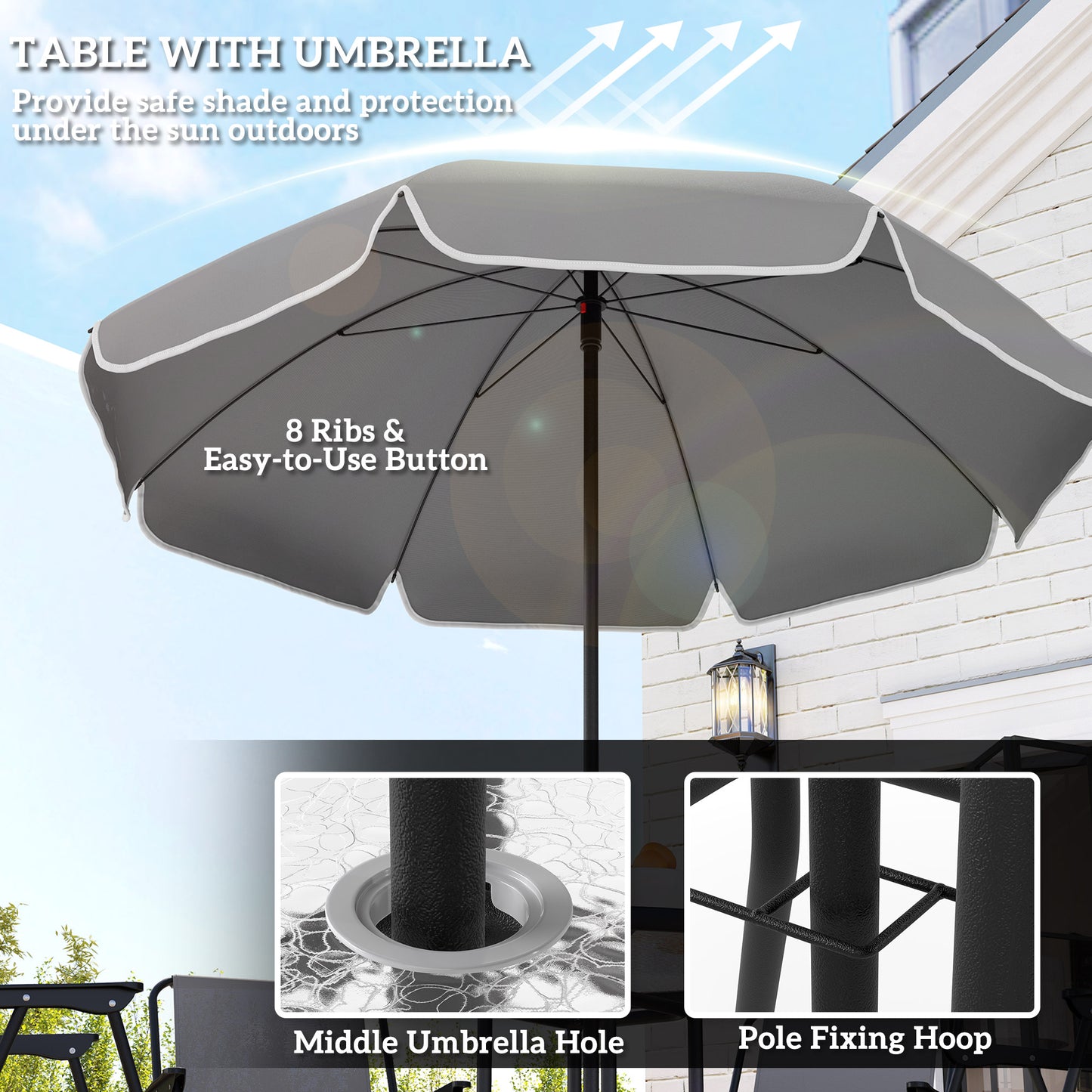 Outsunny 4 Seater Garden Dining Set, 6 Pieces: Folding Chairs, Round Glass Table, Parasol, Grey