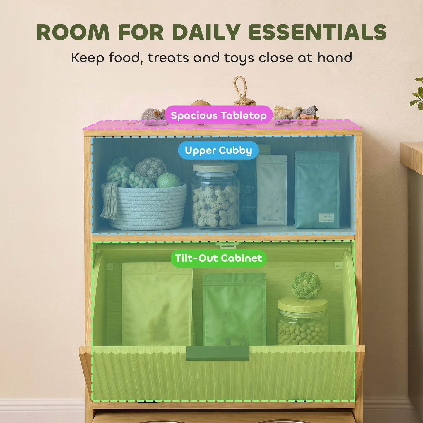 PawHut Pet Feeder Station with Storage, Dog Food Storage Container w/ 2 Raised Bowls, Tilt Out Cabinet, Slow Feeder Mat