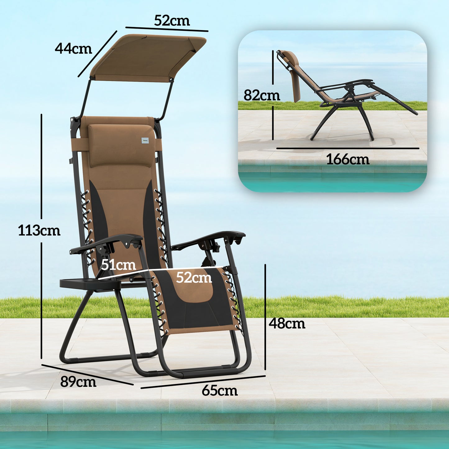 Outsunny Zero Gravity Lounger Chair Set of 2, Reclining with Shade, Cup Holder, Cushion, and Headrest, Brown