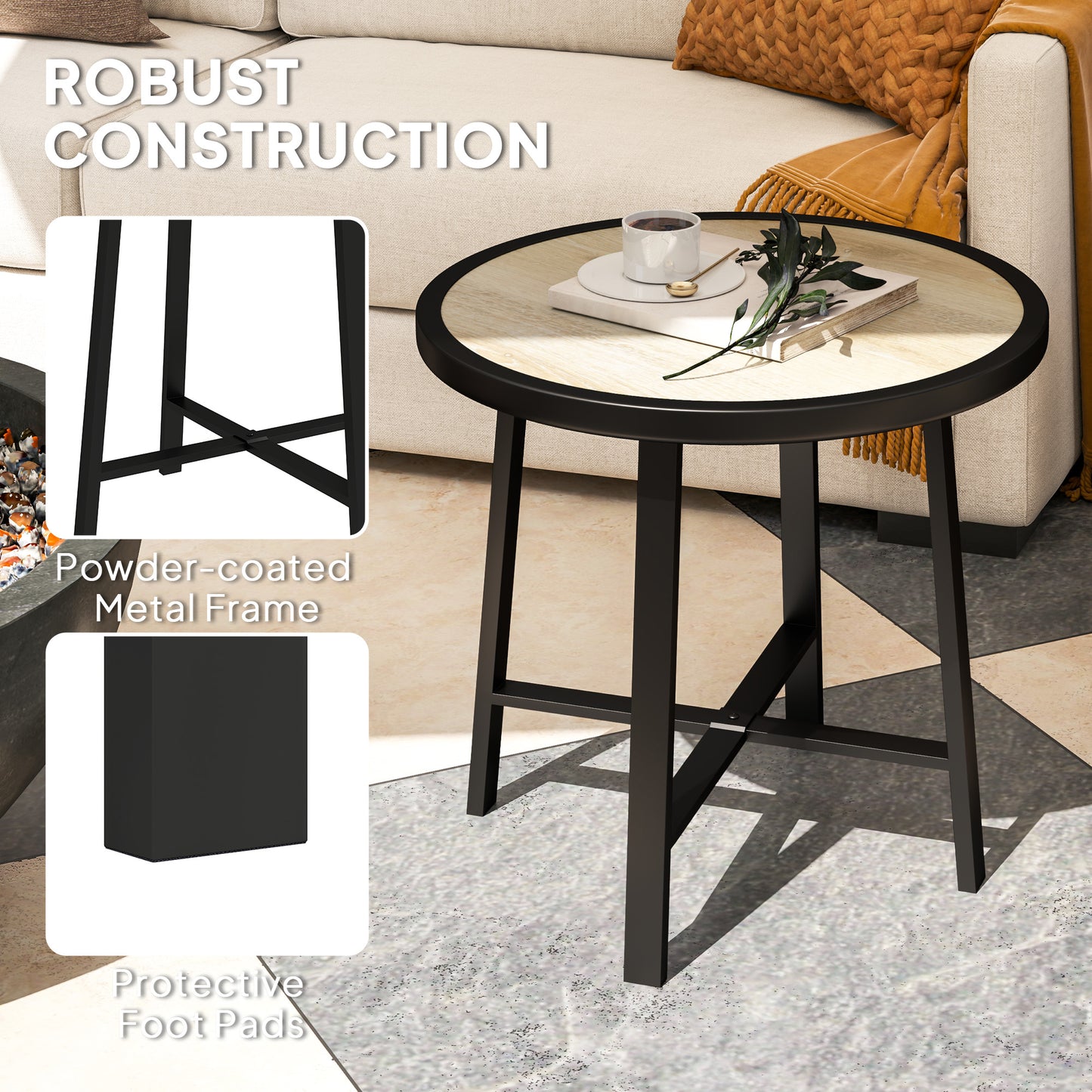 Outsunny Round Small Garden Table, 50.5cm Outdoor Side Table with SPC Tabletop, Metal Frame, Anti-slip Feet for Garden, Balcony, Wood Finish