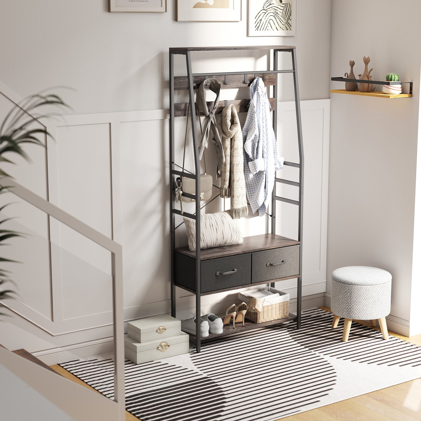 HOMCOM Coat Rack with Shoe Storage, Industrial Hall Tree with Bench, 10 Hooks, 2 Fabric Drawers, Clothes Rail for Entryway, Grey