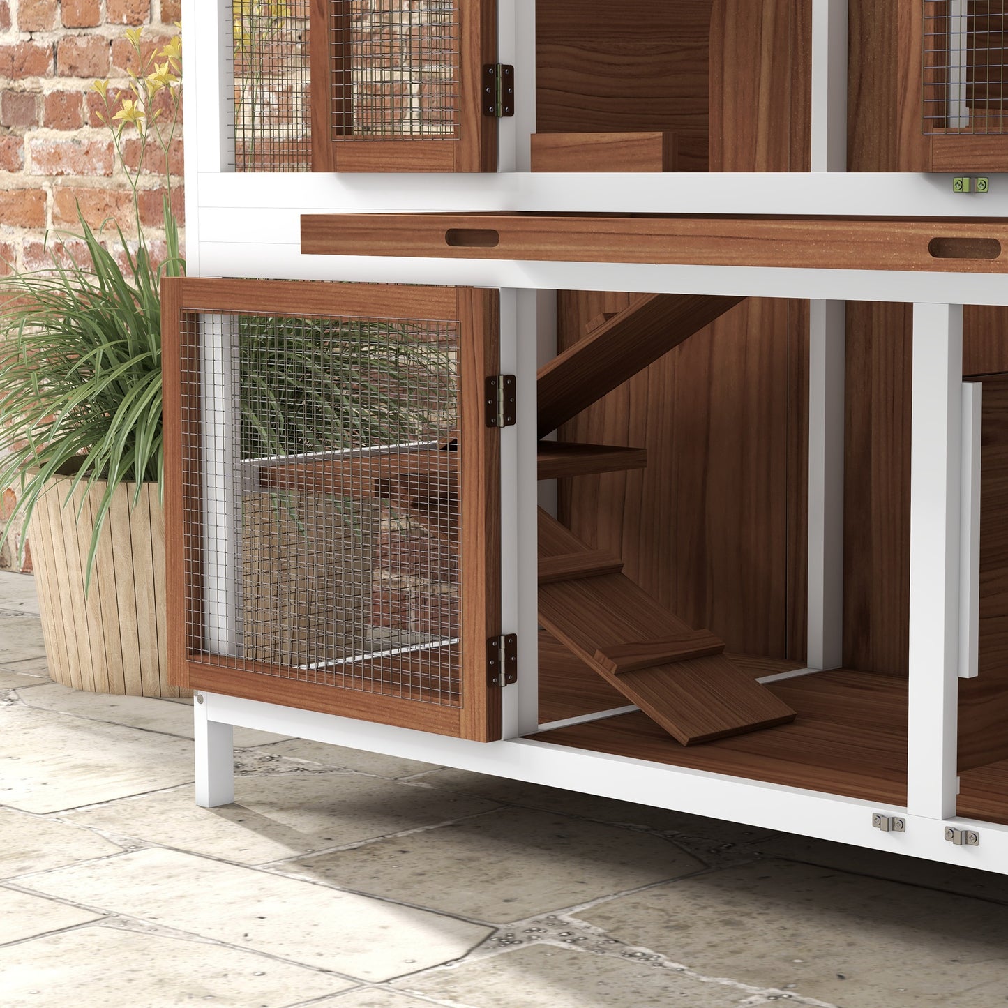 PawHut Two-Tier Wooden Pet Hutch with Openable Roof Slide-Out Tray
