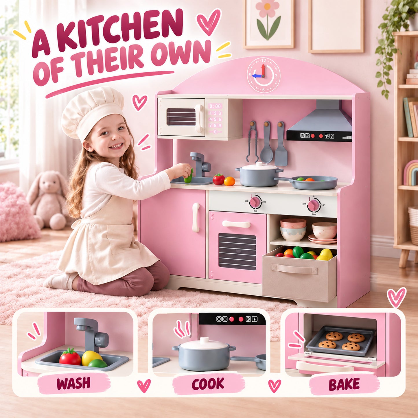 AIYAPLAY Kids Play Kitchen with Lights & Sounds, Pretend Play Toy set with Fabric Drawer, 5-Piece Accessories for 3-6 Years, Pink