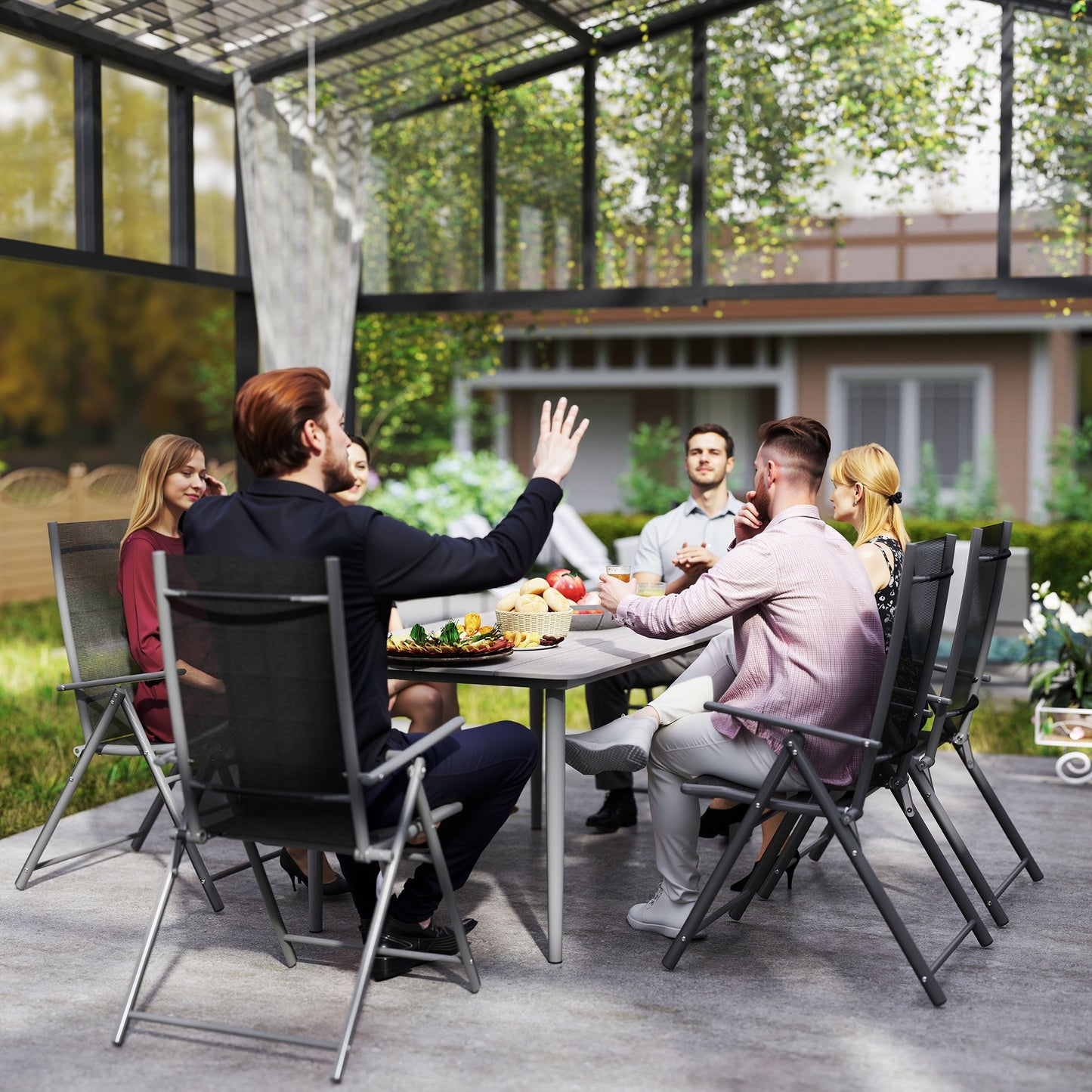 Outsunny Garden Table, Outdoor Dining for 6, Rust-Resistant Metal Frame, WPC Top, 160x90x74 cm, for Balcony/Terrace, Light Grey