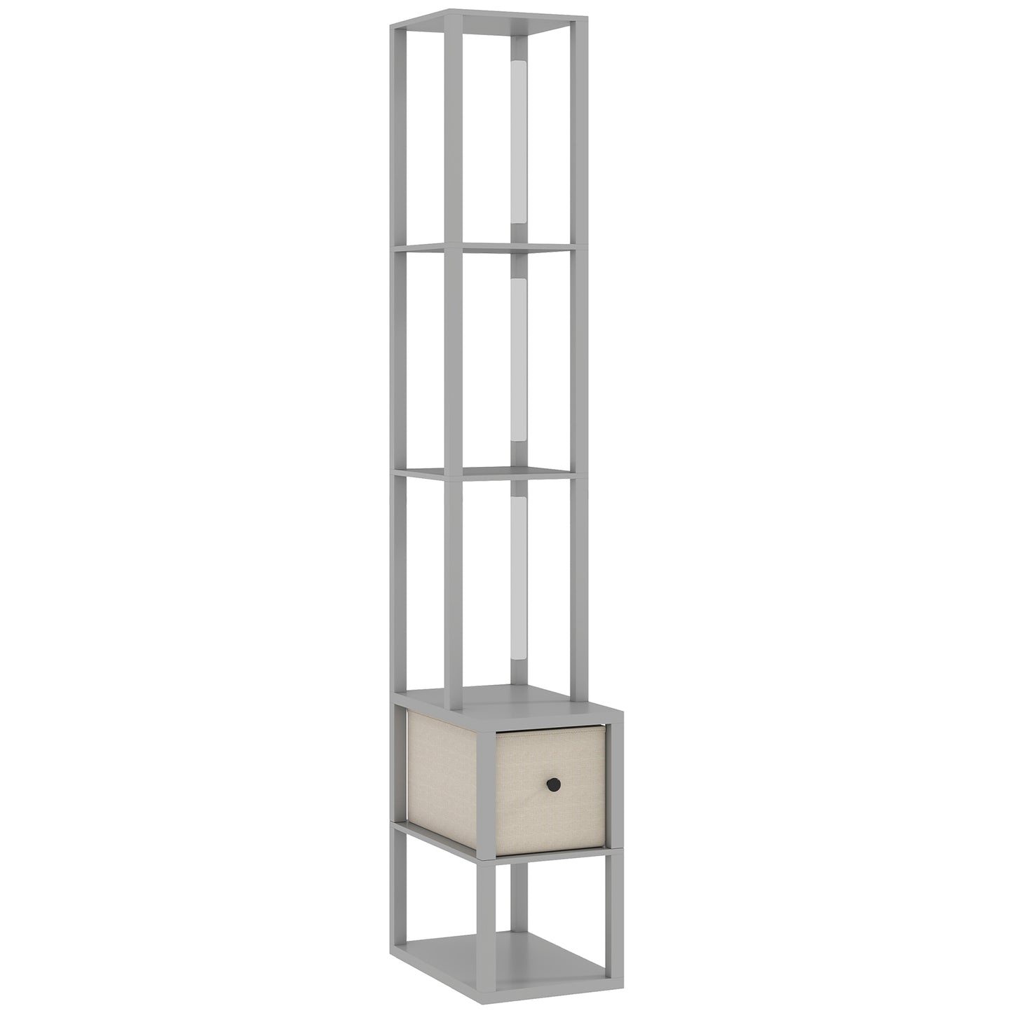 HOMCOM Floor Lamp with Shelves, LED Column Standing Lamp with Fabric Drawer, Adjustable Brightness, Foot Switch, Grey