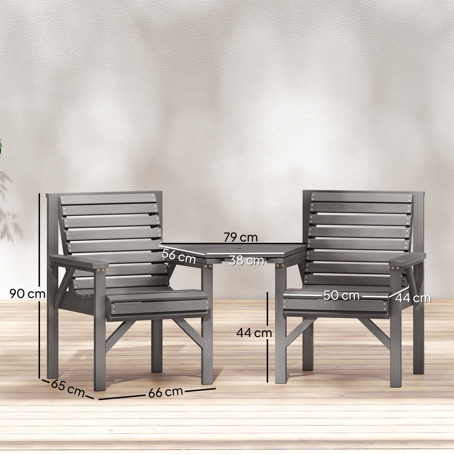 Outsunny Wooden Garden Bistro Set, 2 Seater Wooden Outdoor Table and Chairs with Parasol Hole for Patio, Light Grey