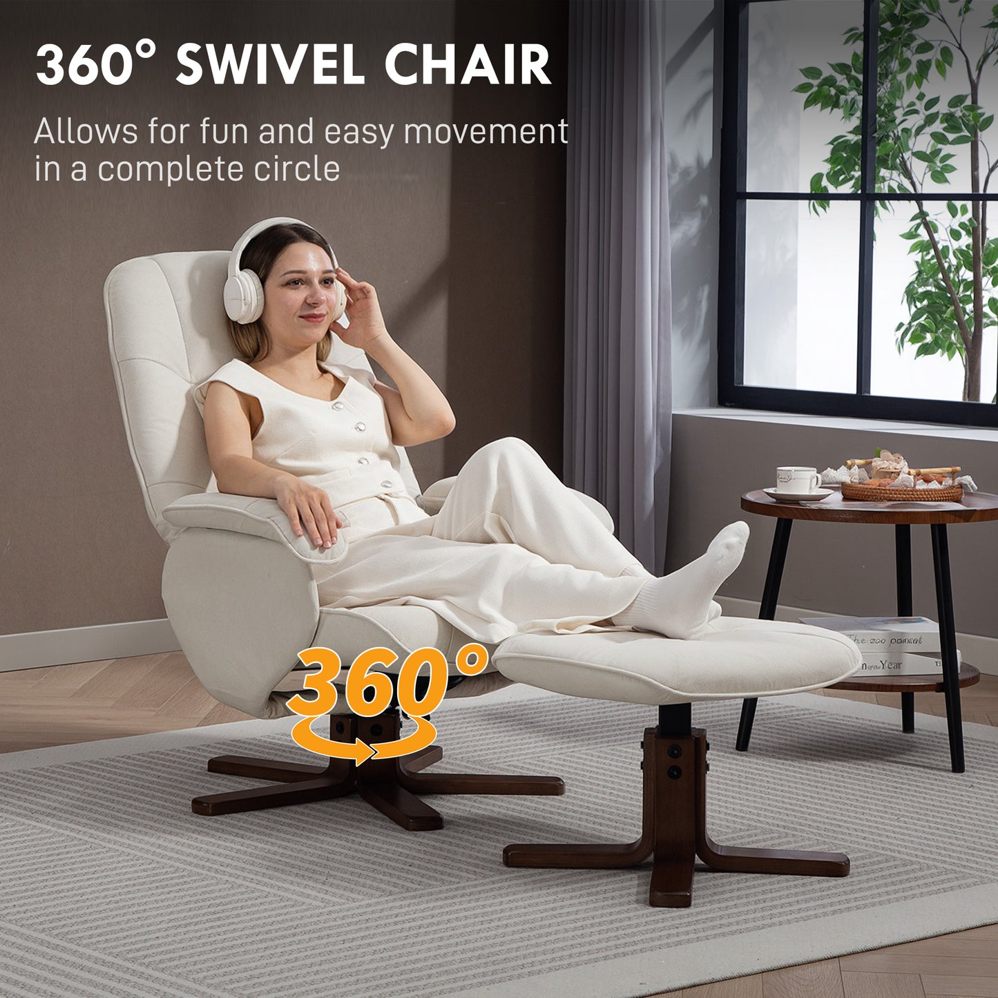 HOMCOM Linen Swivel Recliner Chair with Footstool, Upholstered Reclining Armchair with Wooden Base for Living Room, Beige