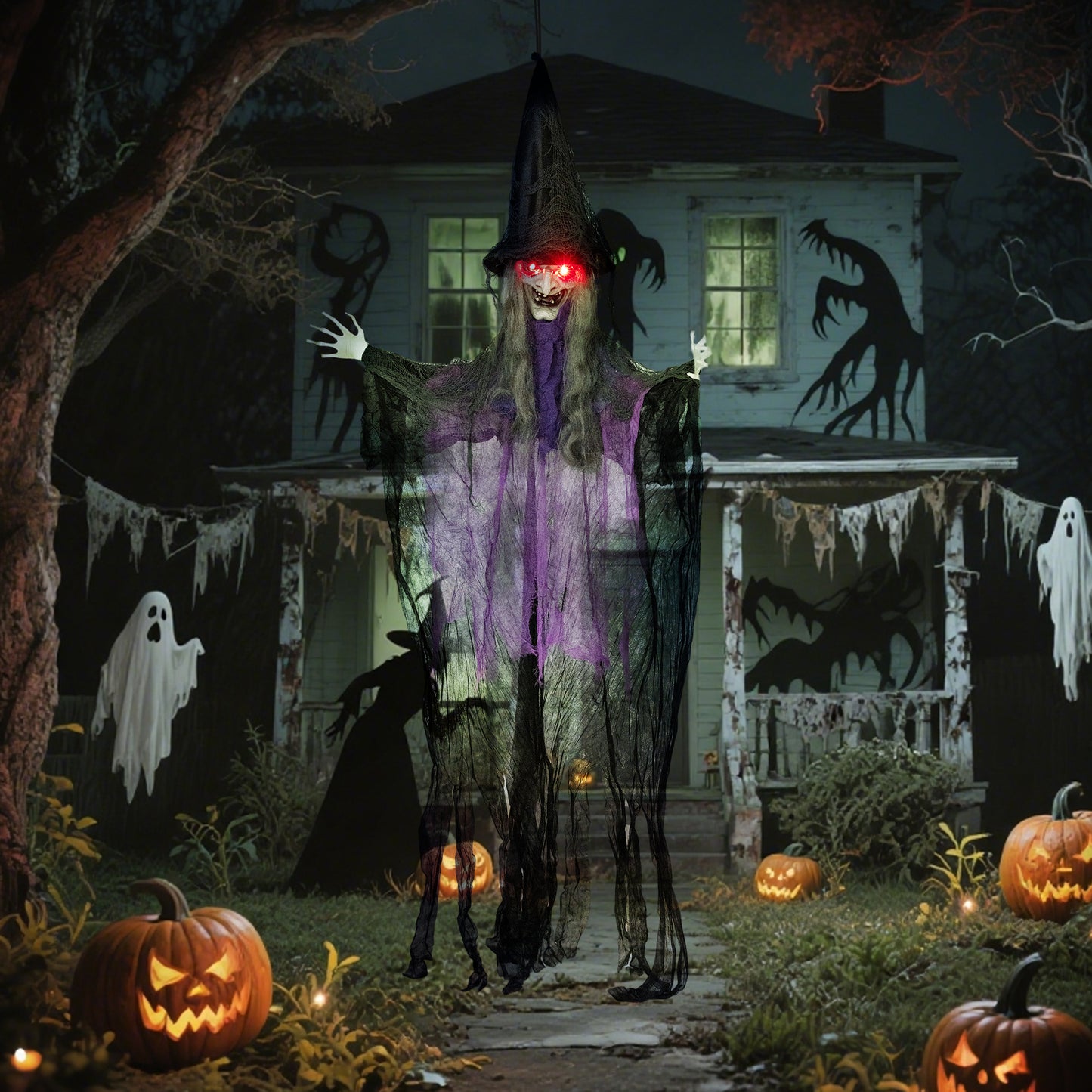Outsunny 183 cm Life Size Halloween Animated Witch with Glowing LED Eyes, Battery Operated, Indoor Party Props, Black