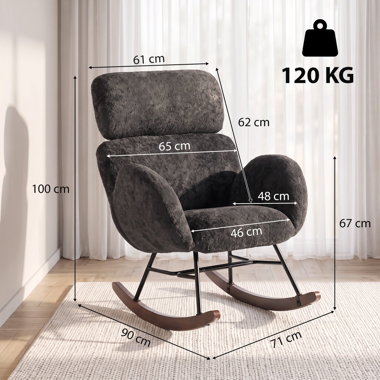 HOMCOM Upholstered Rocking Chair Adjustable Headrest Rocker Chair Raindrop Velvet Rubberwood Base Dark Grey