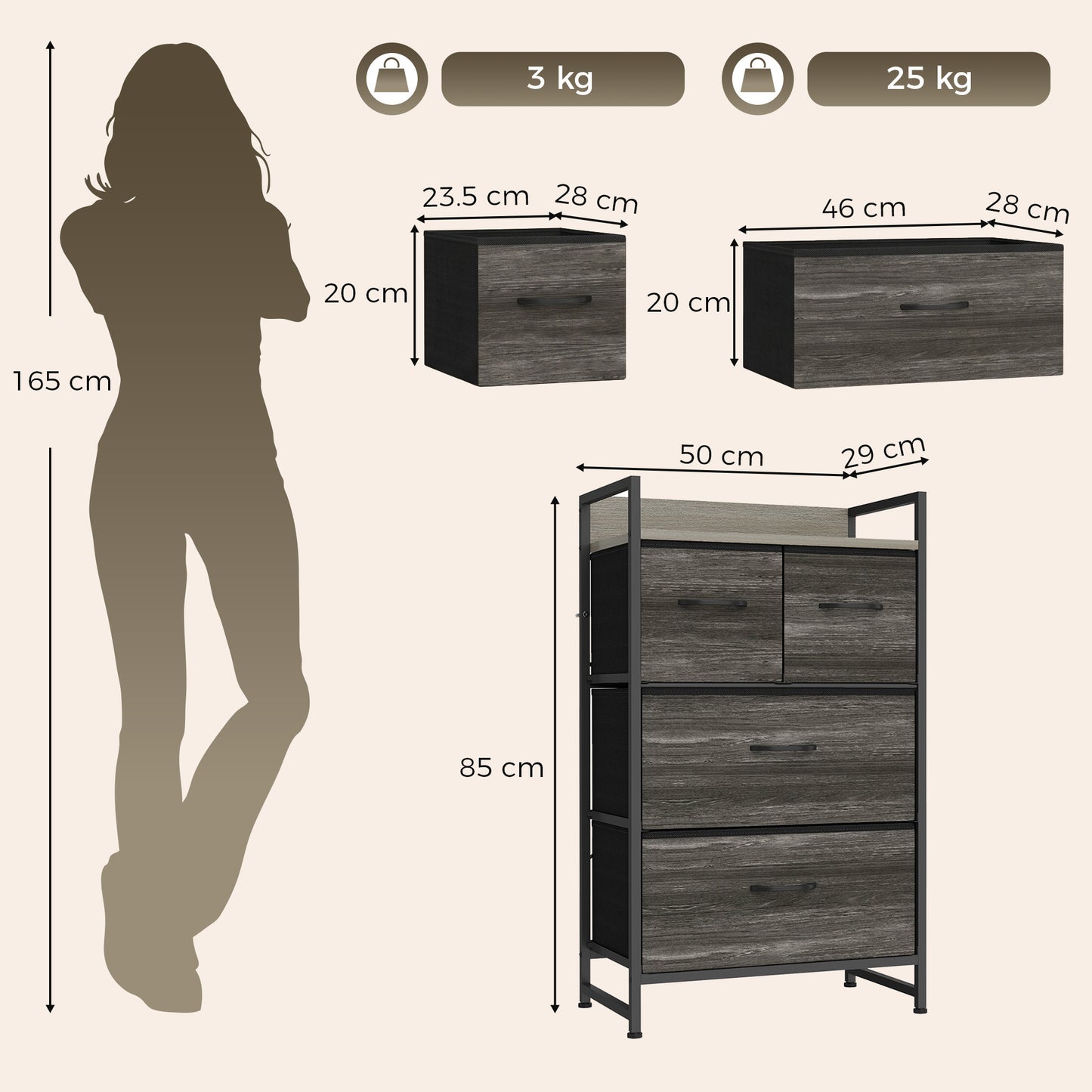 HOMCOM Rustic Chest of Four Fabric Drawers - Grey Wood Effect