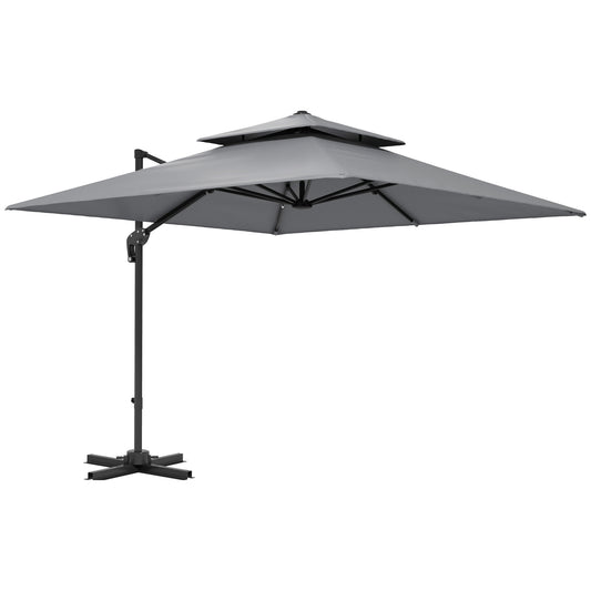 Outsunny 3 x 3(m) Cantilever Parasol with Aluminium Frame, Crank and Tilt, 360° Rotation, Double Top Garden Umbrella with Base and Cover, Light Grey