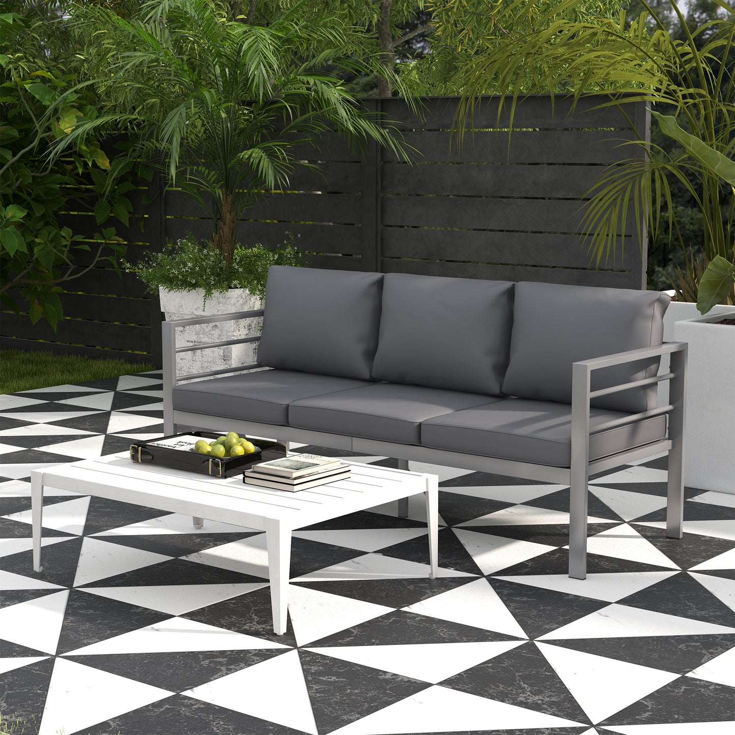Outsunny Aluminium Three-Seater Garden Bench with Cushions - Grey