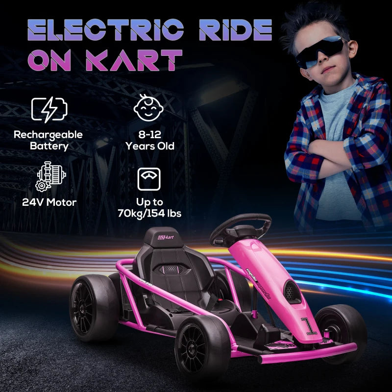 HOMCOM 24V Electric Go Kart for Kids, Drift Ride-On Racing Go Kart with 2 Speeds, for Boys Girls Aged 8-12 Years Old, Pink