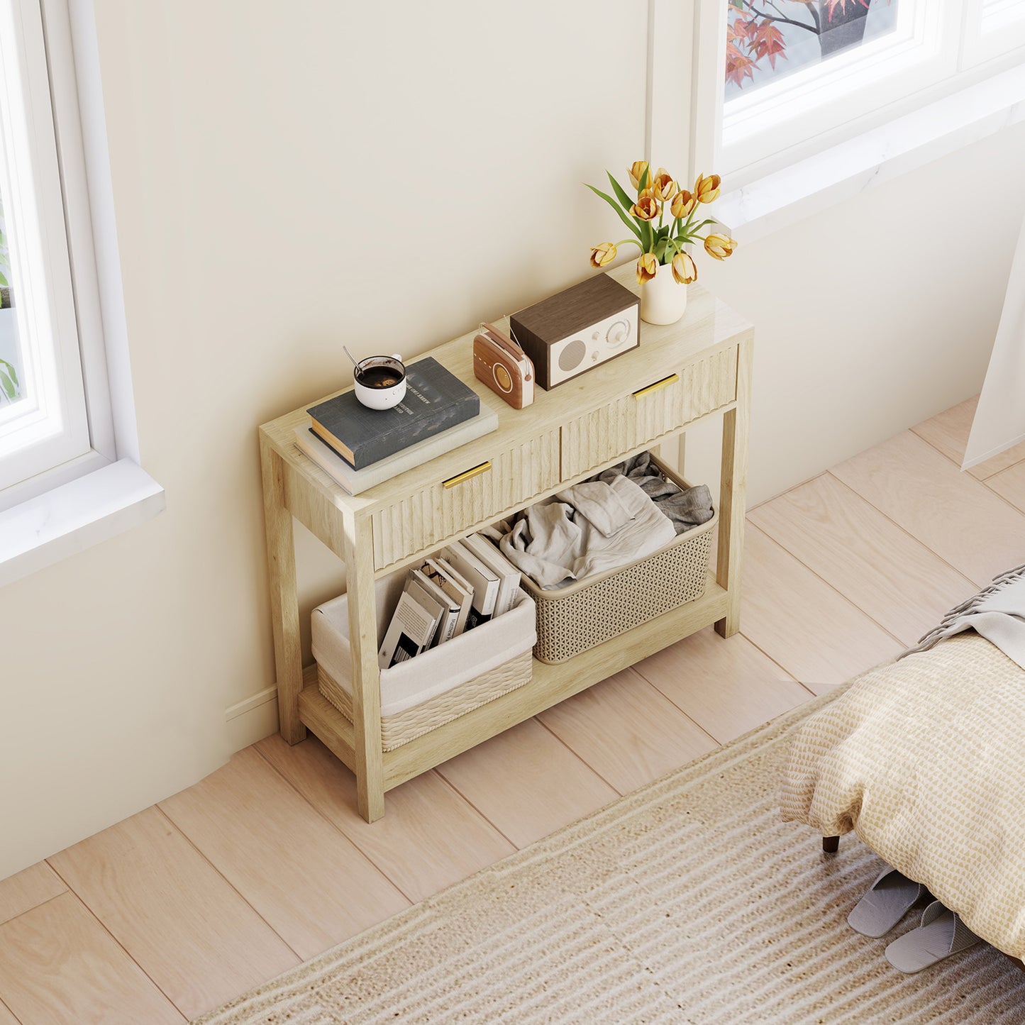 HOMCOM Modern Console Table with Fluted Drawers, Shelf for Entryway or Living Room, 90x30x76 cm, Natural Wood Finish