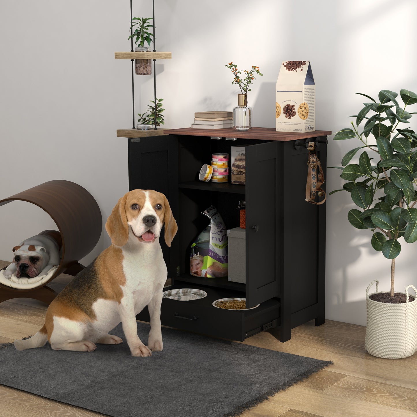 PawHut Pet Feeding Station with Raised Dog Bowls, Adjustable Panel, Hooks, Black