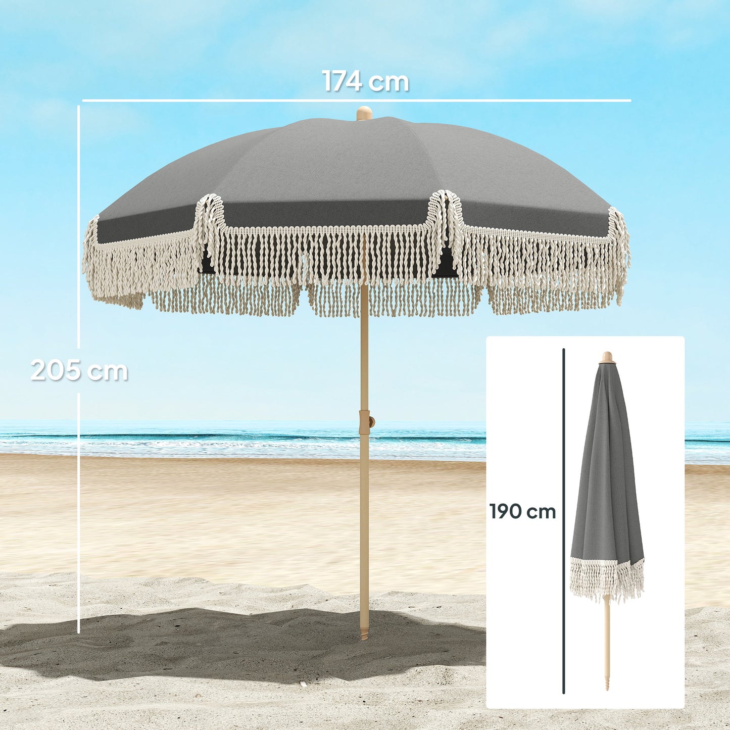 Outsunny 1.7 m Beach Umbrella with Sand Anchor, 30° Tilting Beach Garden Parasol with Adjustable Height, Grey