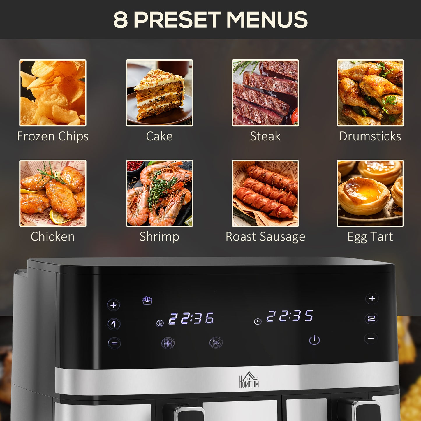HOMCOM 8.5L Dual Basket Air Fryer, with Sync and Multi-Menu Cooking
