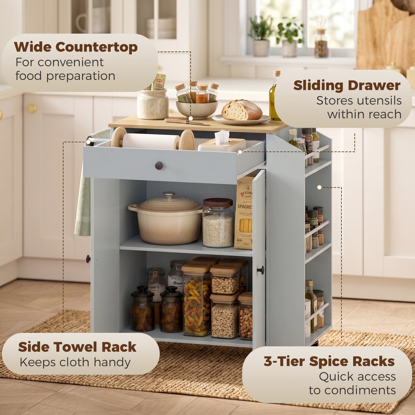 HOMCOM Rolling Kitchen Island with 3-Tier Spice Rack, Kitchen Storage Cart with Drawer and Towel Rack, Light Blue