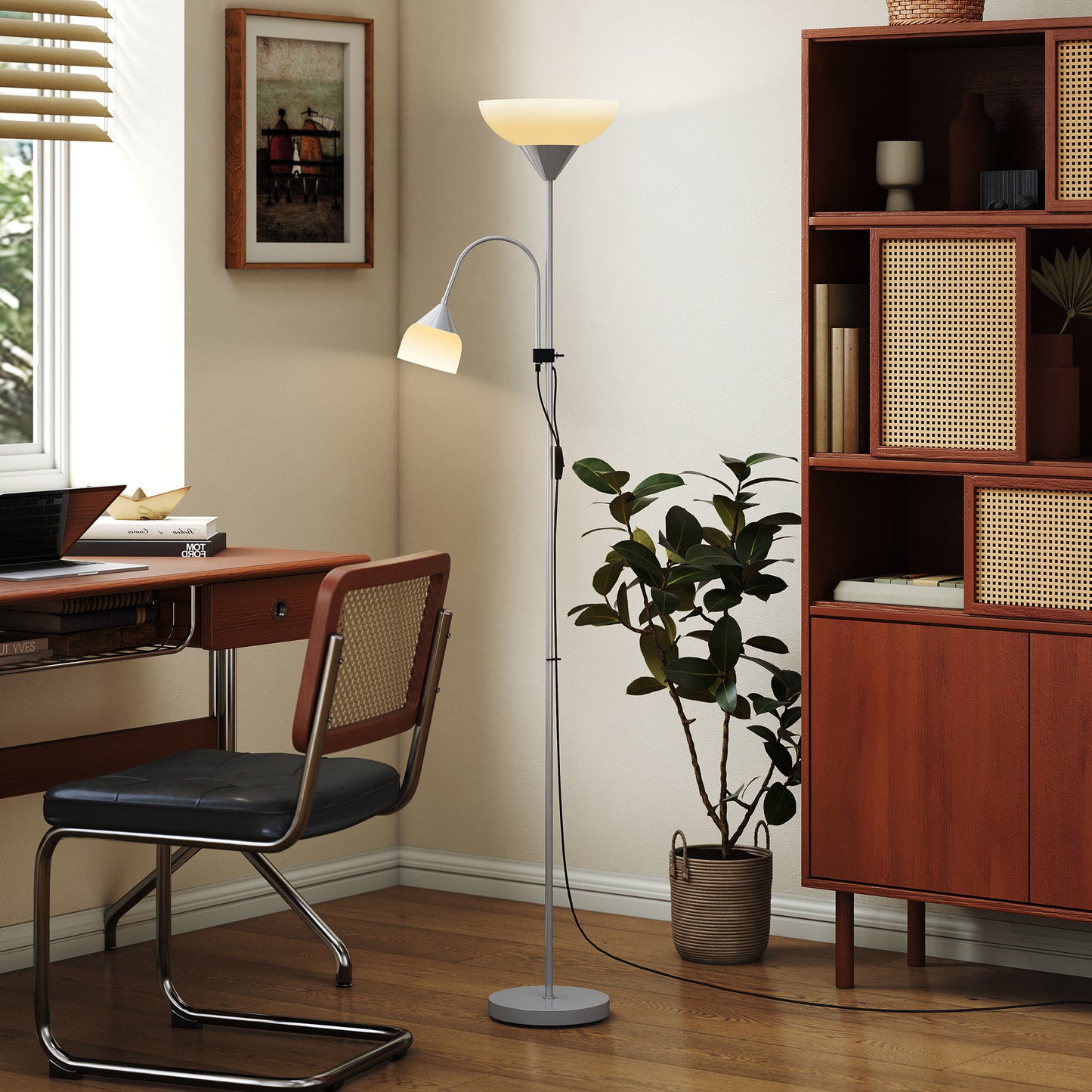 HOMCOM LED Floor Lamp, 180cm Tall with Adjustable Gooseneck, 3000K/4500K/6500K Colour Temps, Mother & Child Uplighter, Silver Tone
