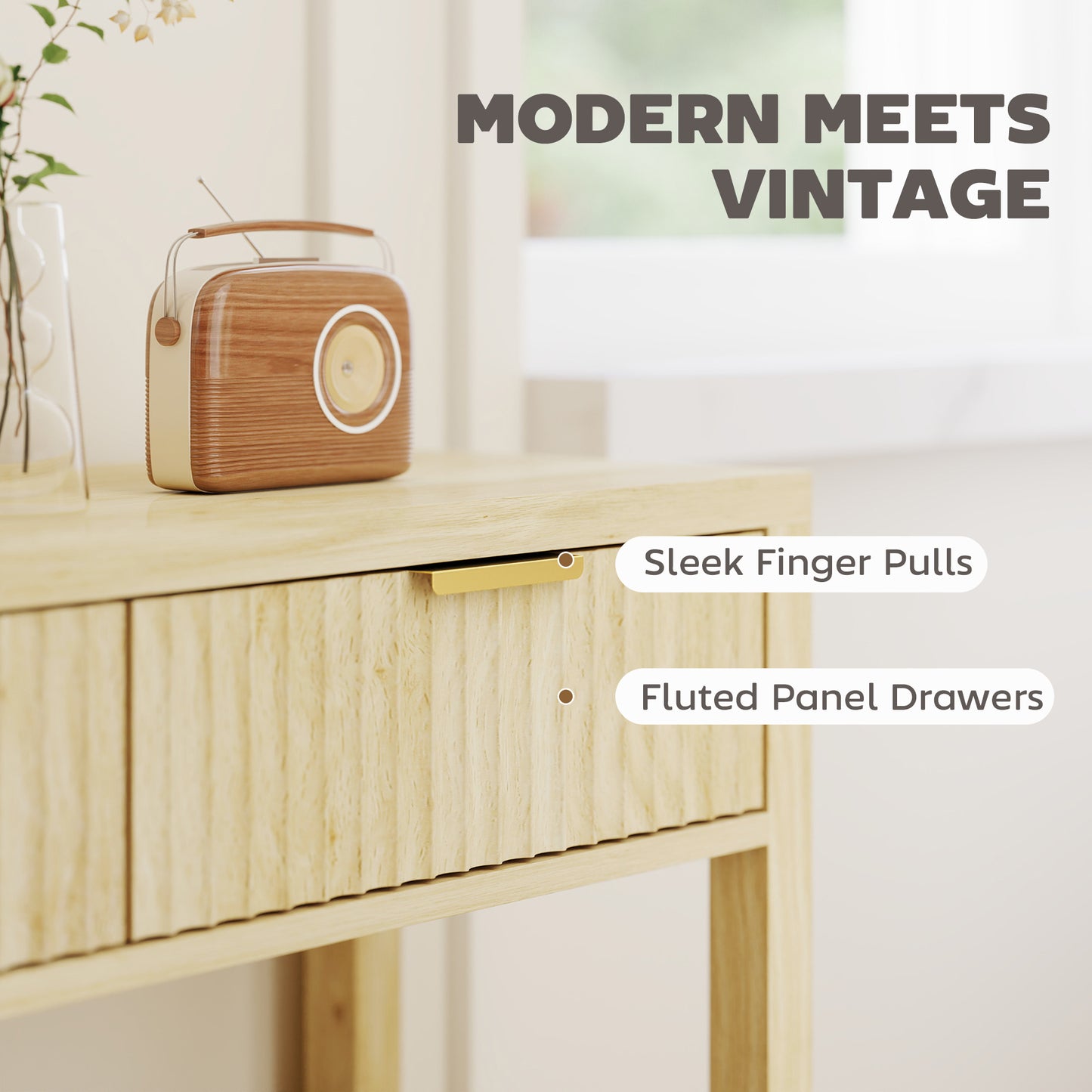 HOMCOM Modern Console Table with Fluted Drawers, Shelf for Entryway or Living Room, 90x30x76 cm, Natural Wood Finish